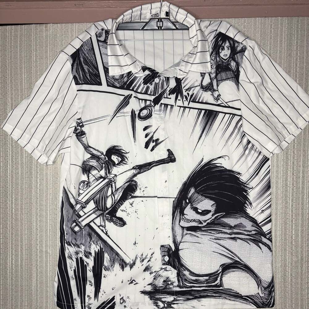 Attack on Titan Manga Panel Print Button-Up Short Sleeve Shirt